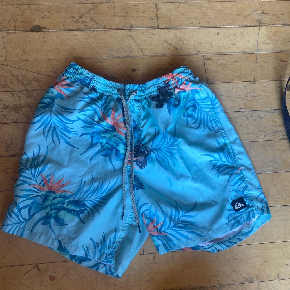 Quiksilver Blue and Orange Leaf Print Swim Shorts